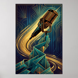 Vintage Art Deco Microphone Music Gold & Teal ポスター
