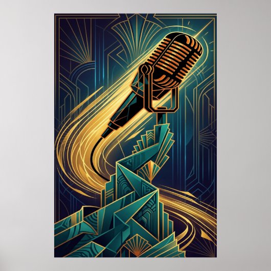 Vintage Art Deco Microphone Music Gold & Teal ポスター (正面)