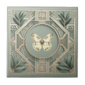 Vintage Art Deco Sage Green Botanical Butterfly  タイル (正面)