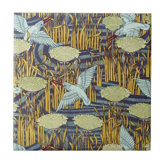 Vintage Art Nouveau Bird & Marsh Nature Pattern タイル (正面)