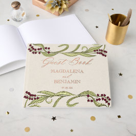 Vintage Art Nouveau Burgundy Green Flowers Wedding ゲストブック