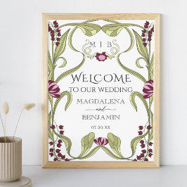 Vintage Art Nouveau Burgundy Pink Floral Welcome ポスター