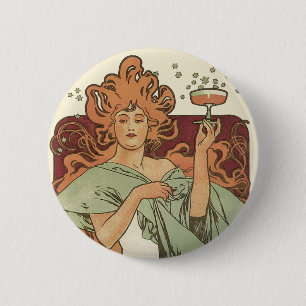 Vintage Art Nouveau by Mucha, Champagne Party 缶バッジ