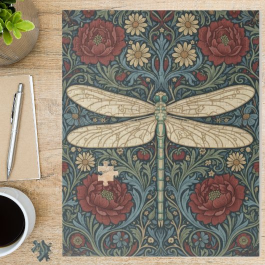 Vintage Art Nouveau Dragonfly Floral ジグソーパズル