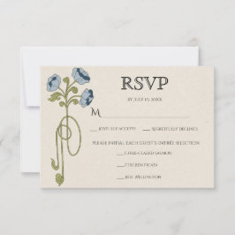 Vintage Art Nouveau Dusty Blue Navy Flowers Meals 出欠カード