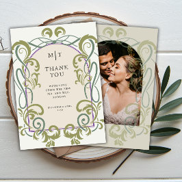 Vintage Art Nouveau Floral Photo Initials Wedding サンキューカード