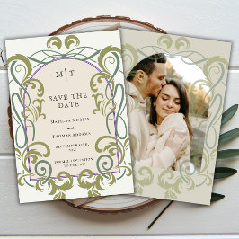 Vintage Art Nouveau Floral Photo Initials Wedding セーブザデート