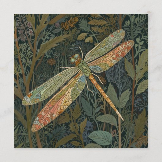 Vintage art nouveau green gold Dragonfly 招待状 (正面)