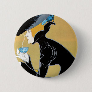 Vintage Art Nouveau, Lady Drinking Marco Polo Tea 缶バッジ