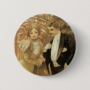 Vintage Art Nouveau Love Romance, Flirt by Mucha 缶バッジ