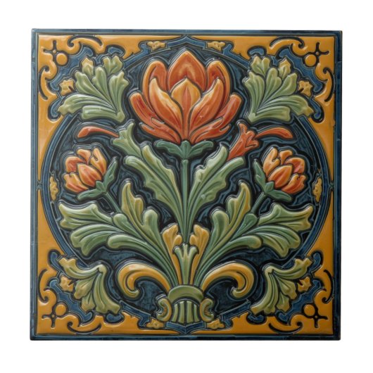 Vintage Art Nouveau  Majolica Floral Craftsman タイル (正面)