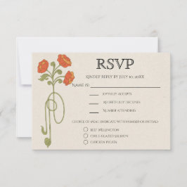 Vintage Art Nouveau Orange Sunset Flowers Meals 出欠カード