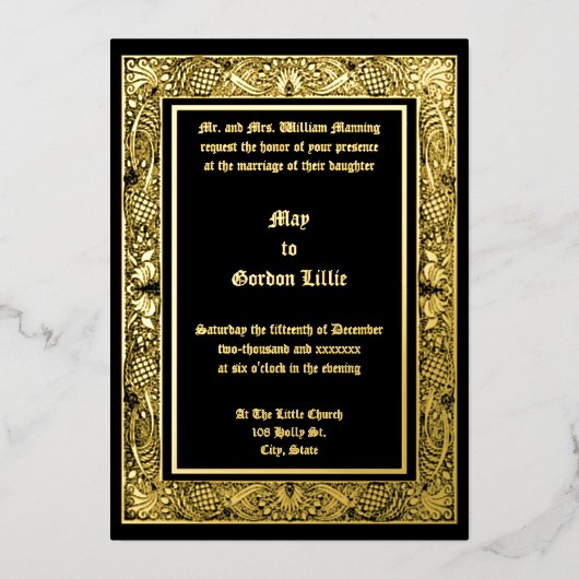 Vintage Art Nouveau Peacock Feathers Frame Wedding 箔招待状 (正面)