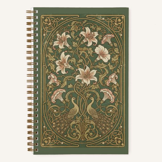 Vintage Art Nouveau Peacock & Lily Garden Journal ノートブック (正面)