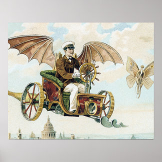 vintage art steam punk flying machines ポスター