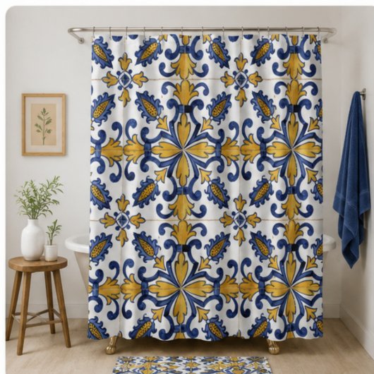 Vintage Artisan Classic Blue and Gold European シャワーカーテン