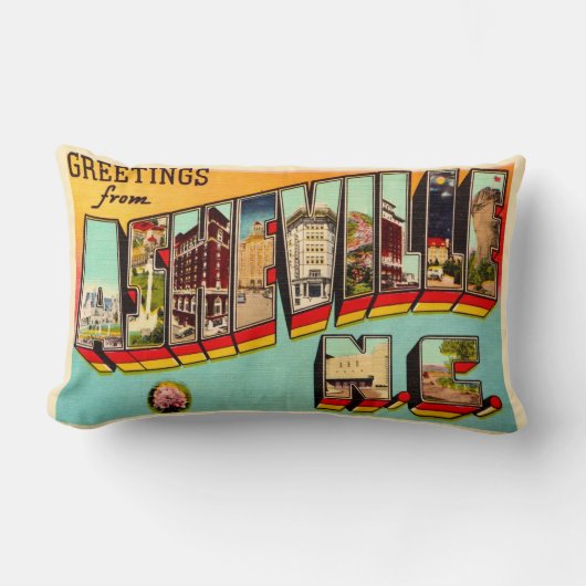 Vintage Asheville NC Postcard Throw Pillow ランバークッション (正面)