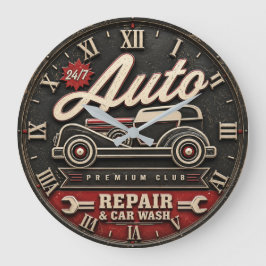Vintage Auto Repair & Car Wash ラージ壁時計