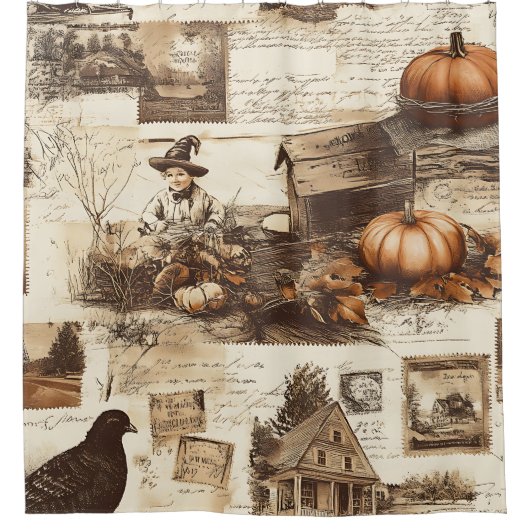 Vintage Autumn Collage | Rustic Sepia Ephemera シャワーカーテン (正面)