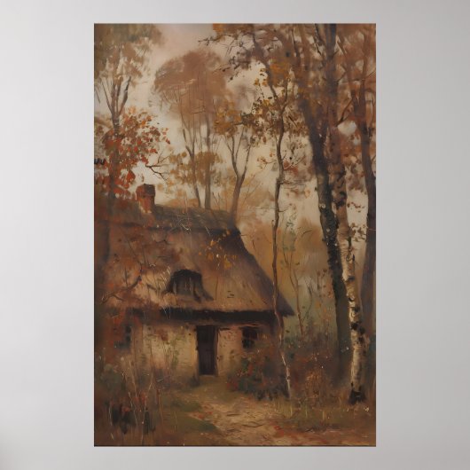 Vintage Autumn Cottage Landscape Printable Art ポスター (正面)