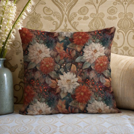 Vintage Autumn Dahlia Floral Pattern Cushion クッション