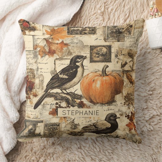 Vintage Autumn Ephemera Collage | Rustic Birds クッション (ブランケット)