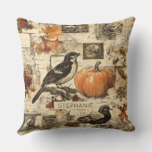 Vintage Autumn Ephemera Collage | Rustic Birds クッション (裏面)