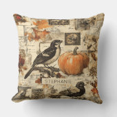 Vintage Autumn Ephemera Collage | Rustic Birds クッション (正面)