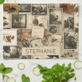 Vintage Autumn Ephemera Collage | Rustic Birds (2) キッチンタオル (折り畳み)