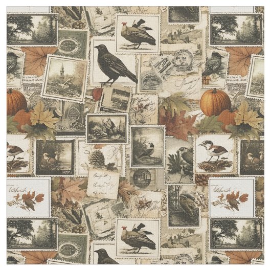 Vintage Autumn Ephemera Collage | Rustic Birds (2) ファブリック (クローズアップ)