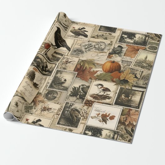 Vintage Autumn Ephemera Collage | Rustic Birds (2) ラッピングペーパー (アンロールド)
