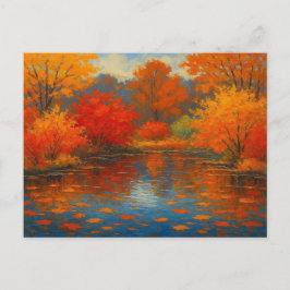 Vintage Autumn Leaves Maple Orange Red Garden Pond ポストカード