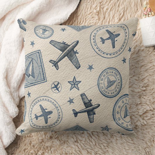 Vintage Aviation Passport Stamp Pattern (1) クッション (ブランケット)
