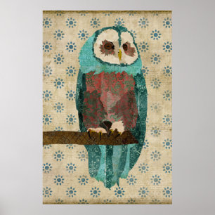 Vintage Azure & Blush Owl Art Poster ポスター