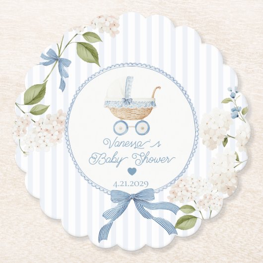 Vintage Baby Carriage French Stripes Baby Shower ペーパーコースター (正面)