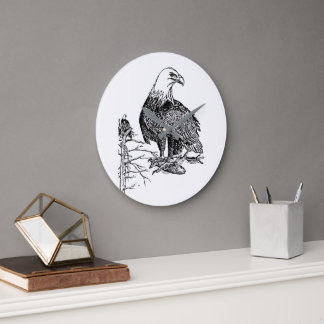 Vintage Bald Eagle Wall Clock – Wildlife Bird Illu ラージ壁時計