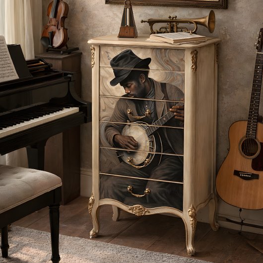 Vintage Banjo Musician w/ Swirling Notes Decoupage 薄葉紙