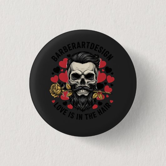 Vintage Barber Skull & Rose Valentine Love Button  缶バッジ (正面)