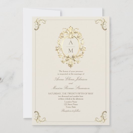 Vintage Baroque Gold Cream Wedding 招待状 (正面)