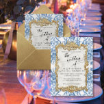 Vintage Baroque Rococo Floral Blue White Gold Foil 箔招待状<br><div class="desc">This is a fabulously ornate, real gold foil enhanced, baroque rococo frame over an elegant vintage floral wallpaper pattern that was restored and graphically designed by internationally licensed artist, Audrey Jeanne Roberts. Created from a black and white printer's ornament etched frame combined with a small section of faded, distressed wallpaper...</div>