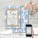 Vintage Baroque Rococo Floral Blue White Wedding 招待状<br><div class="desc">This is a fabulously ornate, baroque rococo gold frame over an elegant vintage floral wallpaper pattern that was restored and graphically designed by internationally licensed artist, Audrey Jeanne Roberts. Created from an ornate rococo frame in black in white combined with a small section of faded, distressed wallpaper that she painstakingly...</div>