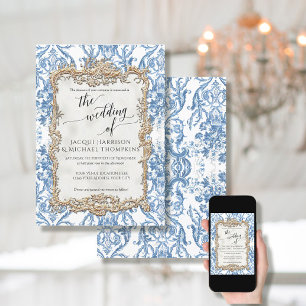 Vintage Baroque Rococo Floral Blue White Wedding 招待状