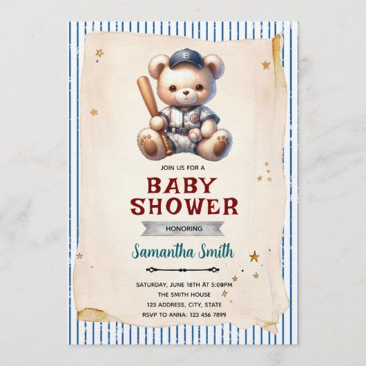 Vintage Baseball Bear Baby Shower Invitation 招待状 (正面)