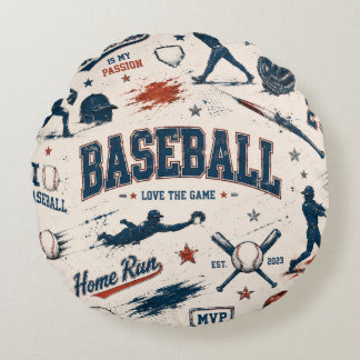 Vintage Baseball Home Run Sports Pattern ラウンドクッション