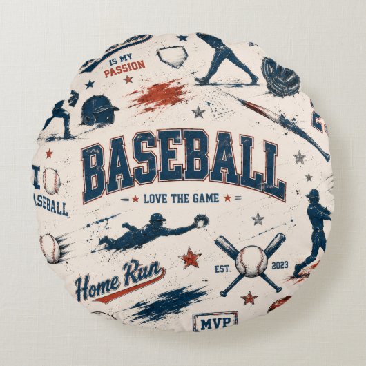 Vintage Baseball Home Run Sports Pattern ラウンドクッション (正面)