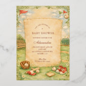 Vintage Baseball Storybook Baby Shower 箔招待状 (正面)