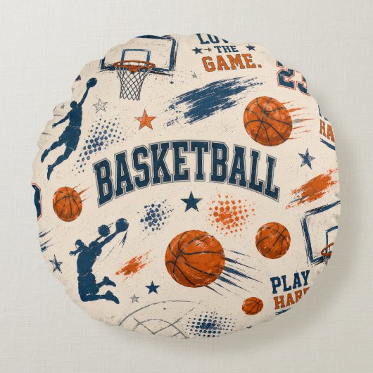 Vintage Basketball Game Sports Pattern ラウンドクッション (正面)