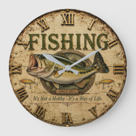 Vintage Bass Fishing Rustic Fisherman Decor ラージ壁時計