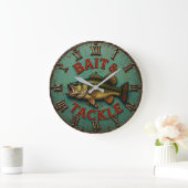 Vintage Bass Fishing Rustic Lake Cabin Angler ラージ壁時計 (ホーム)