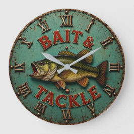 Vintage Bass Fishing Rustic Lake Cabin Angler ラージ壁時計